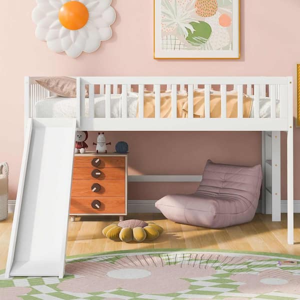 Polibi Full Size Low Loft Bed with Ladder and Slide, White