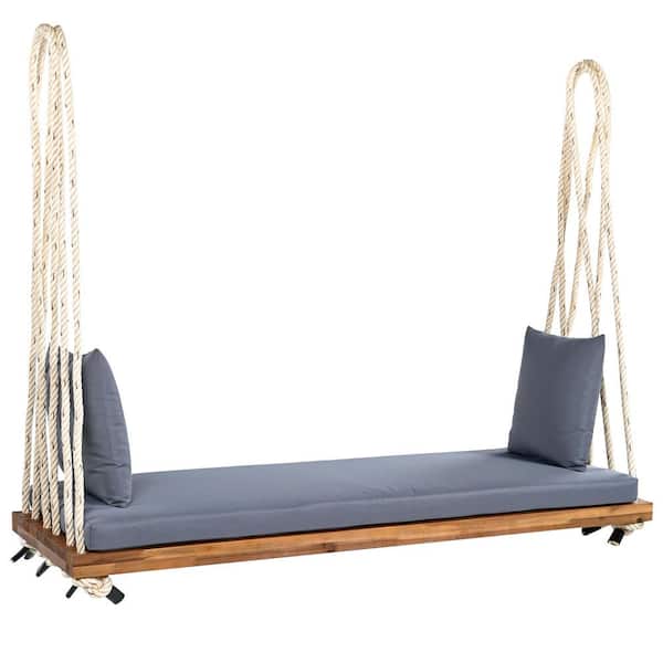 Patio Wooden Swing Chair, Hanging Porch Swing Bench with Cushion and Pillows Backyard, Lawn, Natural