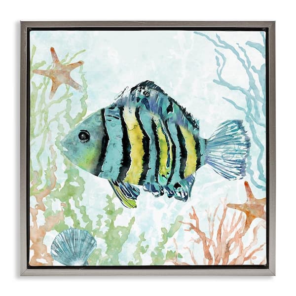 Stupell Industries Striped Fish Underwater by Carol Robinson Gray Floater Frame Animal Graphic Art Print 18 in. x 18 in.