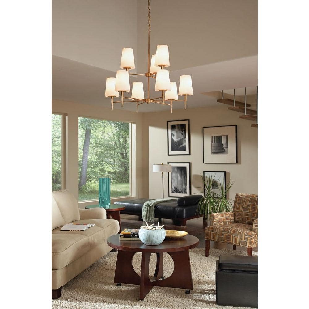 Satin Brass and Opal Glass 9-Light Chandelier