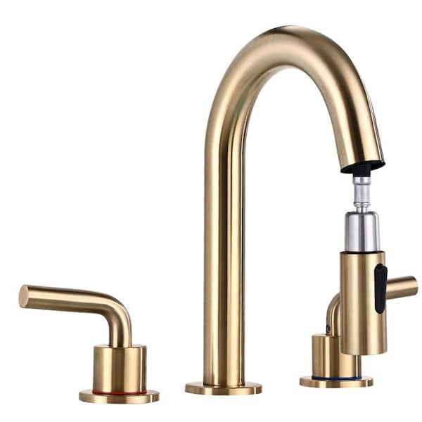 AKLFGN 8 in. Widespread Bathroom Faucet 3-Hole with Pull Out Sprayer, Bathroom Sink Faucet in Brushed Gold
