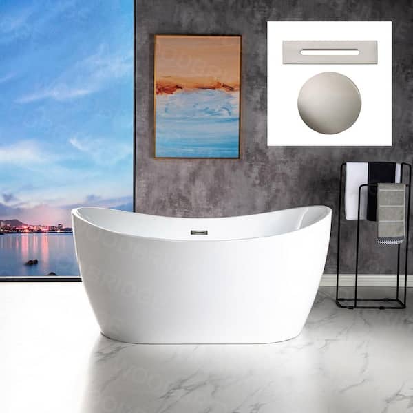 Hamilton 59 in. Acrylic FlatBottom Double Slipper Bathtub with Brushed Nickel Overflow and Drain Included in White