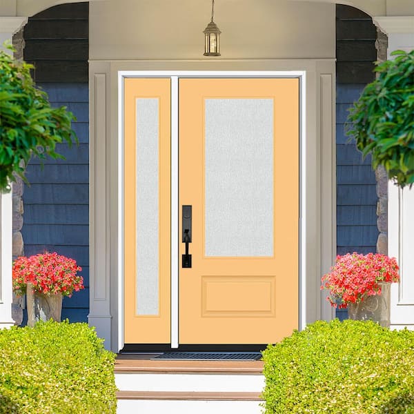 Legacy 53 in. x 80 in. 3/4 Lite Rain Glass LHOS Primed Jackfruit Finish Fiberglass Prehung Front Door with 14 in. SL