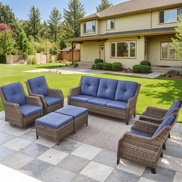 Farmhouse 7-Piece Gray Wicker Patio Conversation Set with Blue Cushions and Swivel Gliders/Footrest/Sofa