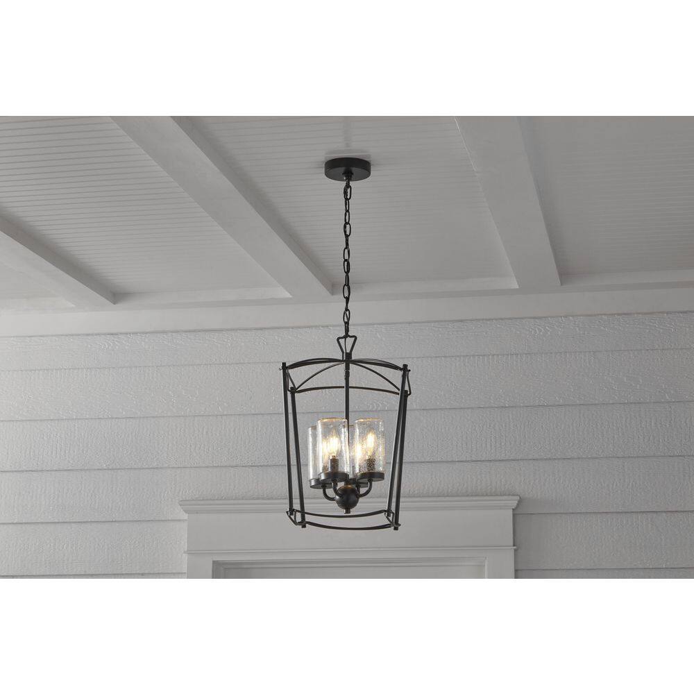 Matte Black Textured Glass 4-Light Outdoor Pendant Chandelier