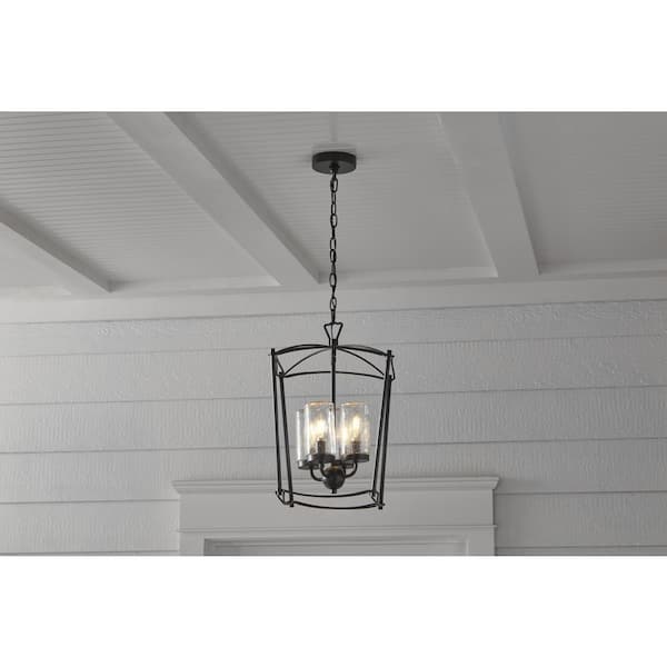 Tercero 4-Light Matte Black Outdoor Foyer Pendant Light with Textured Glass Shades