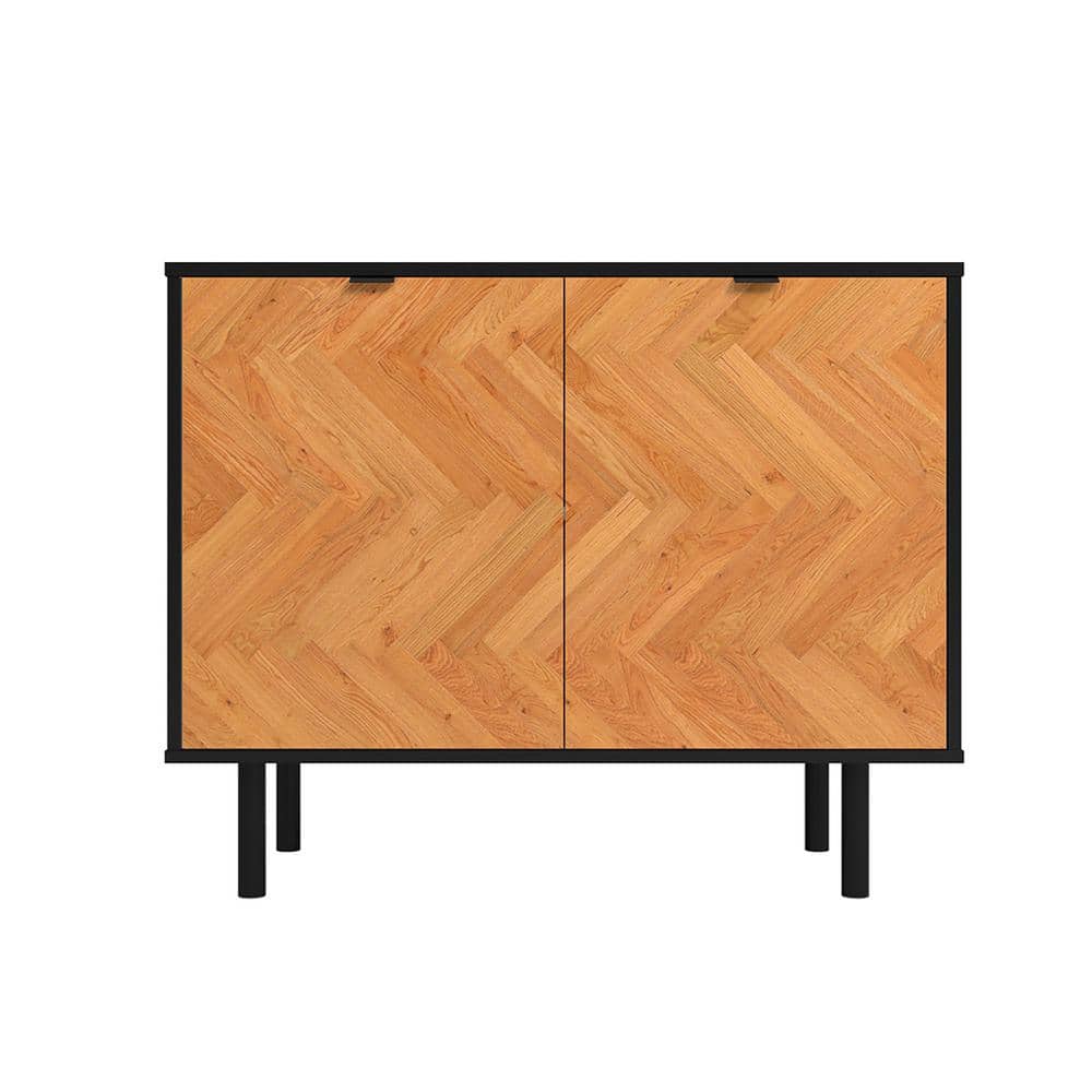 Front view of the black and wood print accent storage cabinet.