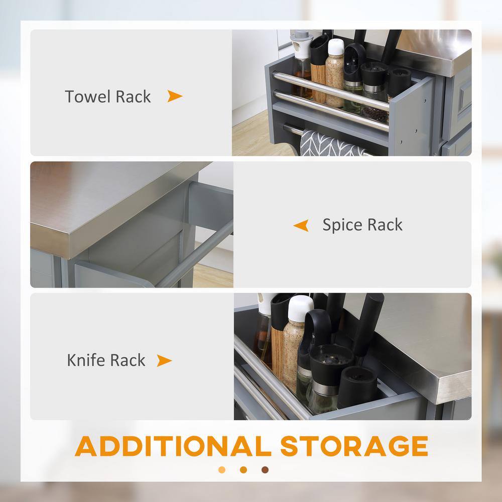 Gray Stainless Steel Top Kitchen Cart with Spice Rack