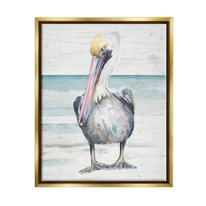 Pelican Bird Standing Beach Sand Grain Pattern Design by Patricia Pinto Floater Frame Animal Art Print 21 in. x 17 in.