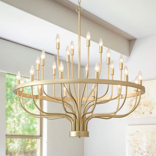 24-Light Modern Gold Candle Chandelier, 39in Farmhouse Wagon Wheel Chandelier High Ceiling Pendant Light for Dining Room