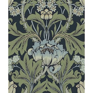 Midnight Blue and Sage Primrose Garden Floral Pre-Pasted Paper Wallpaper Roll (57.5 sq. ft.)