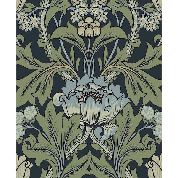 Seabrook Designs Midnight Blue and Sage Primrose Garden Floral Pre-Pasted Paper Wallpaper Roll (57.5 sq. ft.)