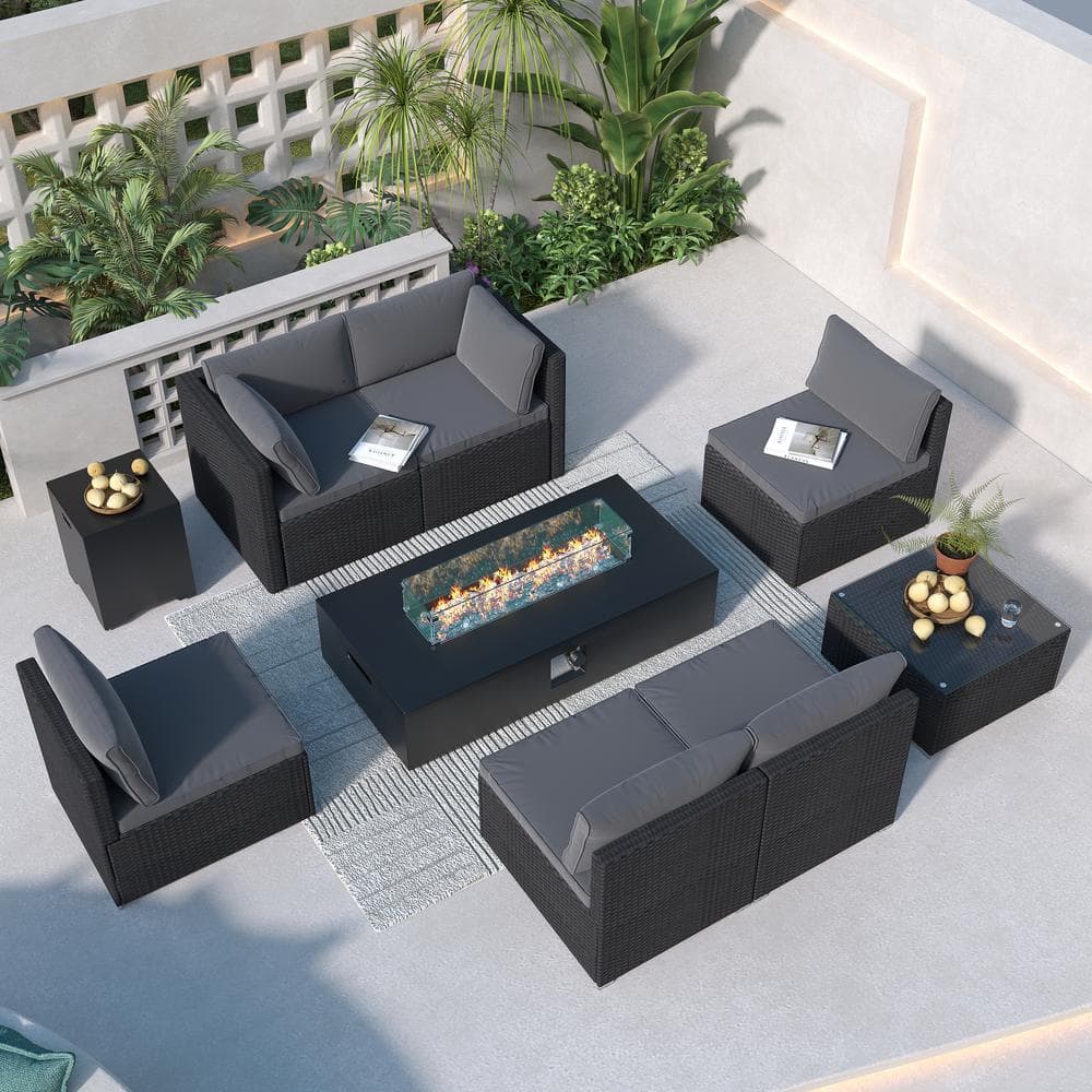 9-Piece Black Wicker Gray Cushions Patio Conversation Set with 56 in. Black Concrete Fire Pit Table and Tank Table price history on PriceWatchPro