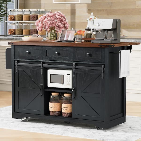 Xspracer Oasis Black Wood 53.75 in. Kitchen Island with Power Outlet, 2 Sliding Barn Door Kitchen Storage Island with Drop Leaf