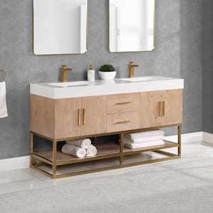 Bianco 60 in. W x 22 in. D x 34 in . H Double Sink Bath Vanity in Light Brown with White Composite Stone Top