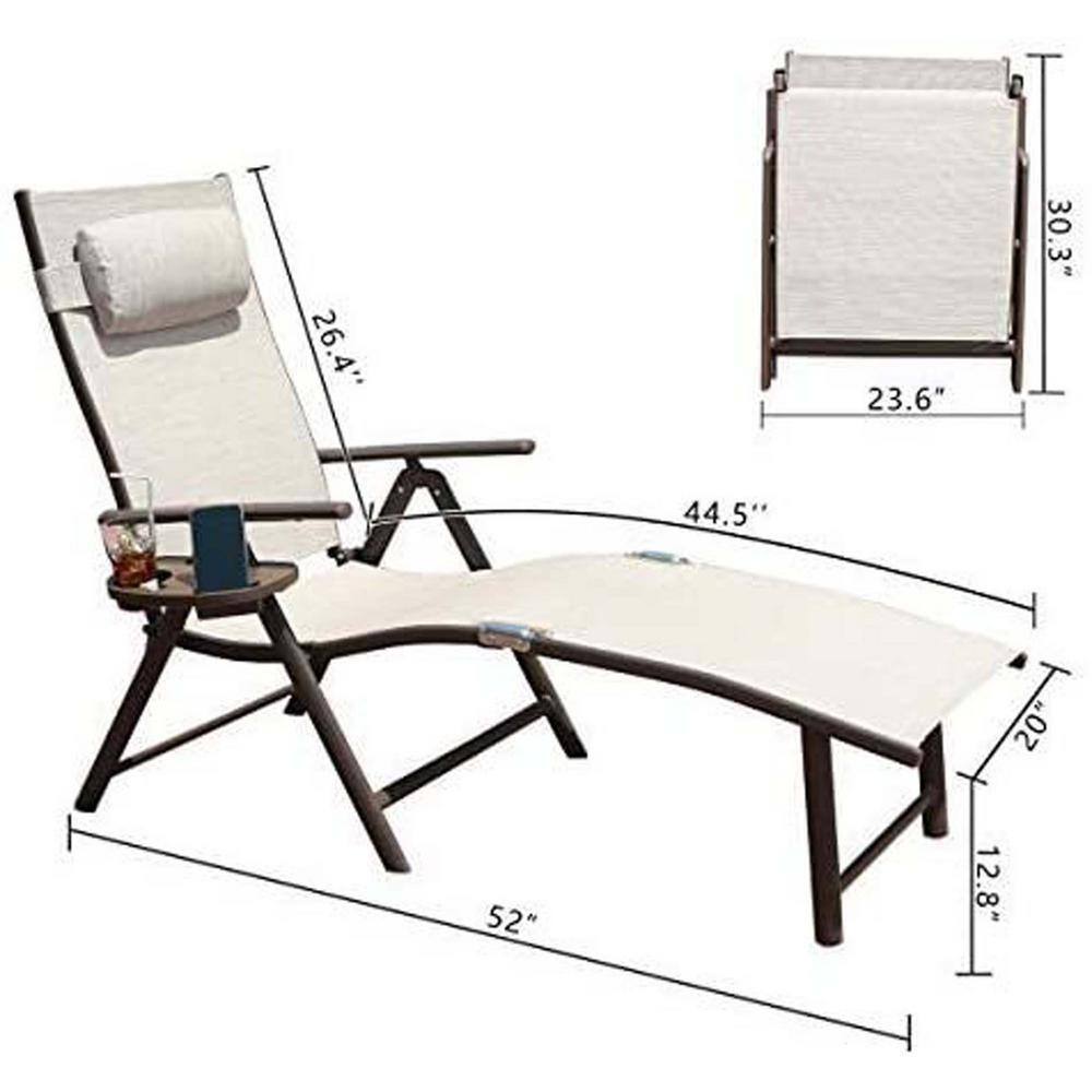Beige Aluminum Adjustable Outdoor Chaise Lounge with Drink Holder