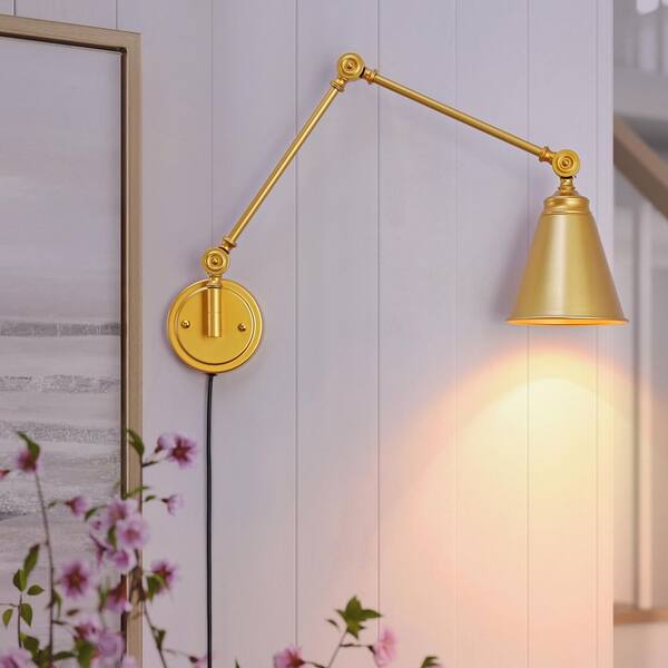 Zompoo Modern 5.9 in. 1 Light Plug in Wall Sconces with Gold Swing Arm Shade, Farmhouse Reading Wall Lamp with Switch