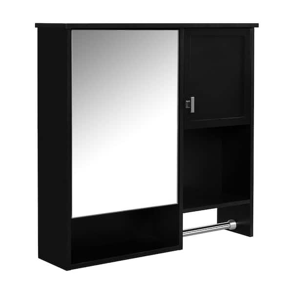 29 in. W x 28 in. H Rectangular Black MDF Surface Mount Medicine Cabinet with Mirror, with Towels Bar
