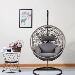 37 in. Black Metal Patio Swing Chair with Polyester Ropes Seat in Brown