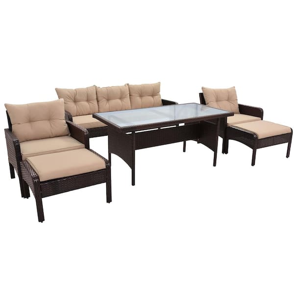 Tunearary Brown 6-Piece Patio PE Wicker Outdoor Sectional Sofa Set with Removable Light Coffee Cushions, Tempered Glass Tea Table