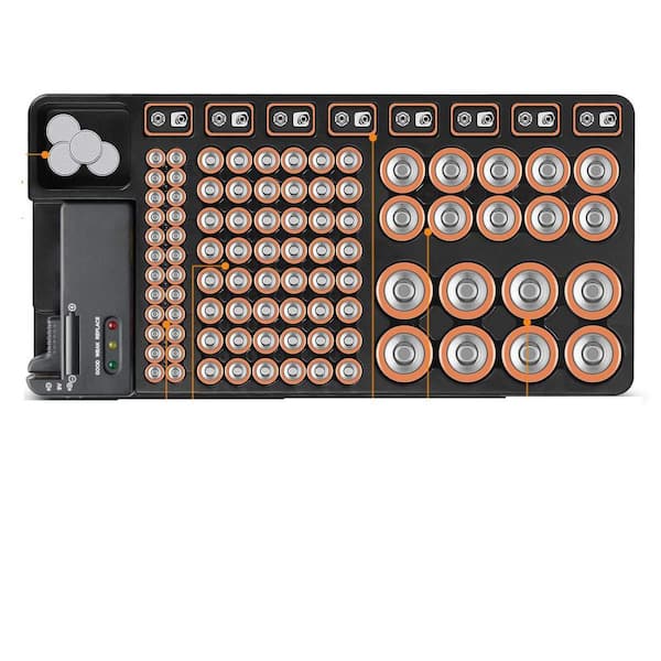 phyfalip AAA, AA, 9V, C, D and Butt, Holds 110 Batteries Battery Organizer Storage Case with No Lid Snap, Portable Tester, 1-Pack