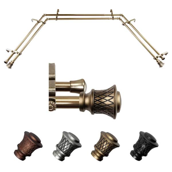 EMOH Neema 20-36 in. sides, 38-72 in. center Adjustable Bay Window Double Curtain Rod 13/16 in. in Antique Brass with Finial