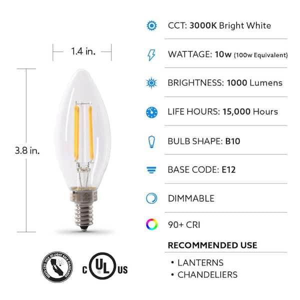 Feit Electric 100W Equivalent B10 E12 Candelabra Dimmable CEC Clear Glass  Chandelier LED Light Bulb in Bright White 3000K (48-Pack)  BPCTC100930CAFIL2/24 - The Home Depot