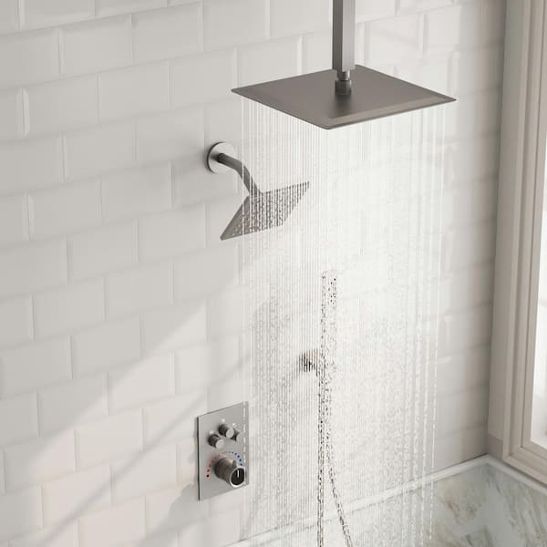 MultiplePress 12in. Dual 7-Spray Ceiling Mount Fixed and Handheld Shower Head 2.5GPM with Basin Faucet in Brushed Nickel