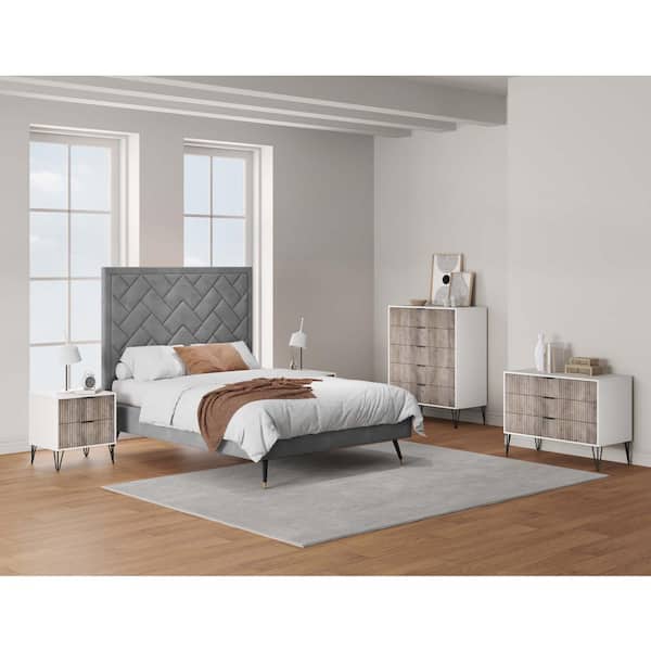 Manhattan Comfort DUMBO White and Grey 2-Drawer Nightstand, 5-Drawer Chest and 3-Drawer 35.19 in. Dresser with SNAP Tool-Free Assembly