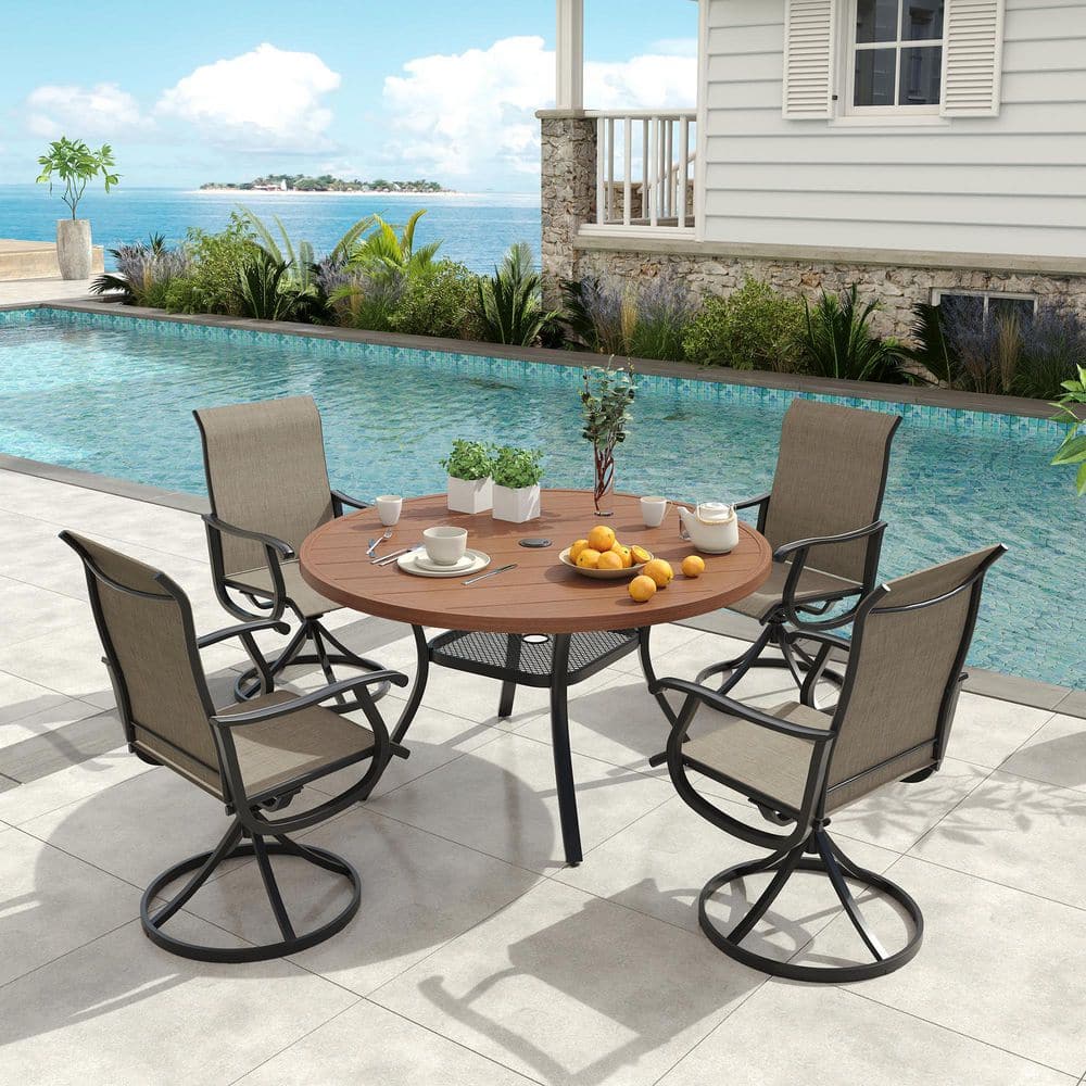 5-Piece Metal Outdoor Patio Dining Set with 40.6 in. Walnut Round Table and 4 Brown Swivel Chairs price history on PriceWatchPro