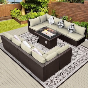 Eden 11-Piece Outdoor Brown Rattan Wicker Deep Seating Patio Set with Cream Cushions and Rectangular Fire Pit Table