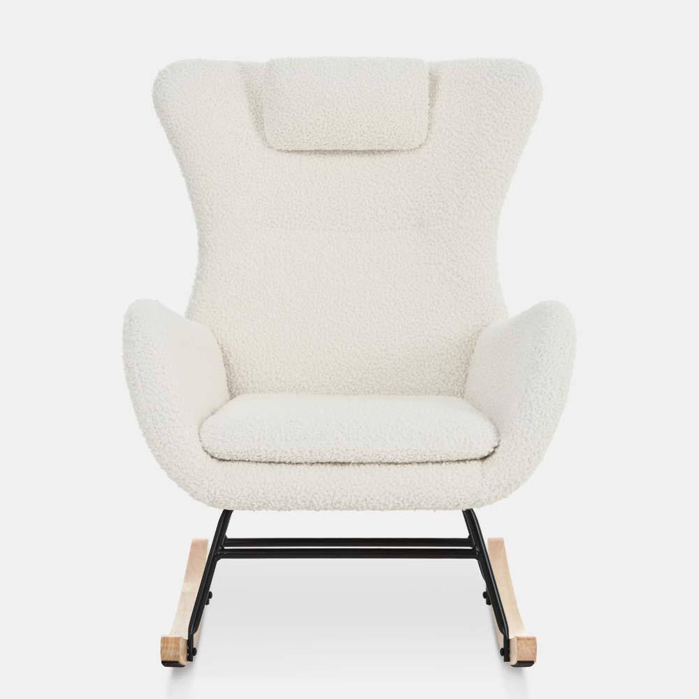 White Teddy Upholstered Rocker Glider Chair with High Backrest, Adjustable Headrest and Pocket