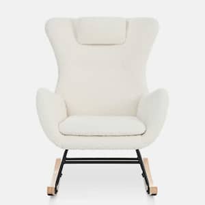 White Teddy Upholstered Rocker Glider Chair with High Backrest, Adjustable Headrest and Pocket