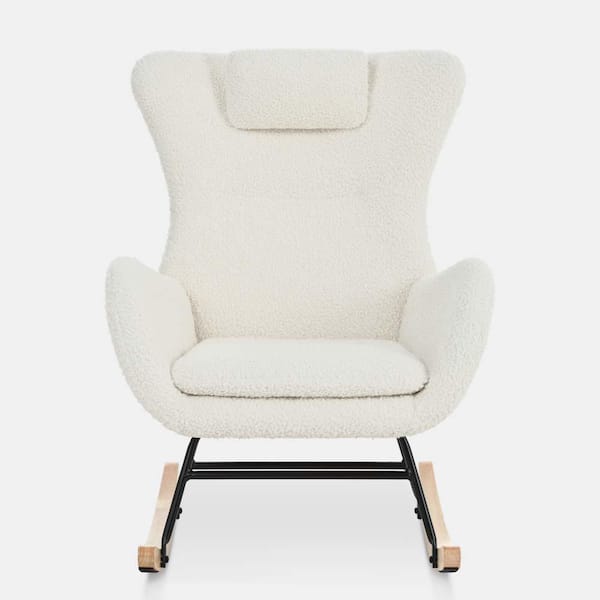 wetiny White Teddy Upholstered Rocker Glider Chair with High Backrest, Adjustable Headrest and Pocket