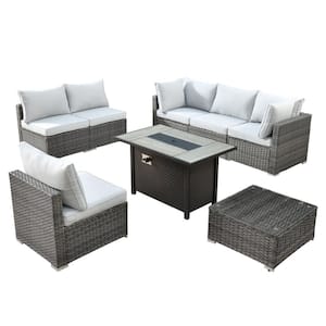 Messi Gray 8-Piece Wicker Outdoor Patio Conversation Sectional Sofa Set with a Metal Fire Pit and Light Gray Cushions