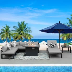 Gray 8-Piece Luxury Aluminum Patio Conversation Fire Pit Set, Light Gray Cushions and Chaise Lounge, Coffee Table