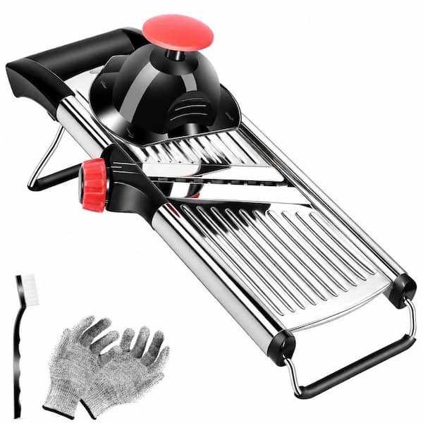 Adjustable Stainless Steel Mandoline Slicer with 4.5 mm and 9 mm Julienne, Red, with Glove and Brush