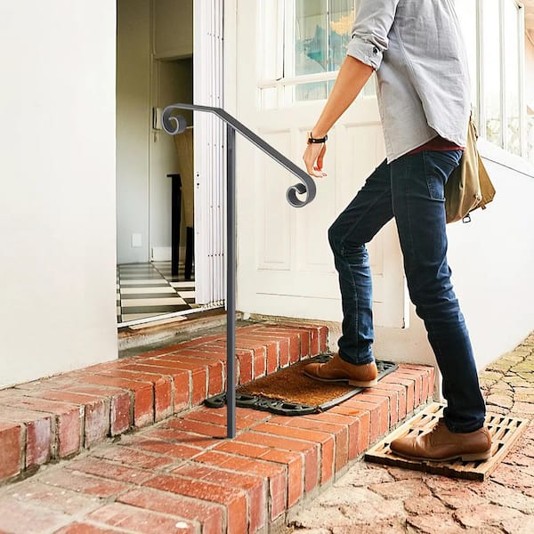 Single Post Handrail 58 in. x 20.5 in. Gray Wrought Iron Stair Railing Kit Post Mount Step Grab Supports
