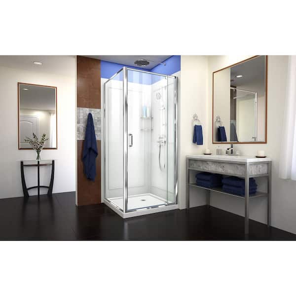 Flex 36 in. x 36 in. x 76.75 in. Framed Corner Pivot Shower Kit in Chrome with Shower Base and Backwalls in White