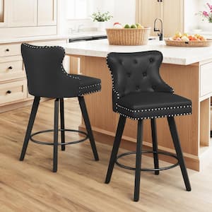 Apollo 27 in. Counter Stool Black Faux Leather Upholstered Button Tufted Swivel Bar Stool with Wood Frame Set of 2