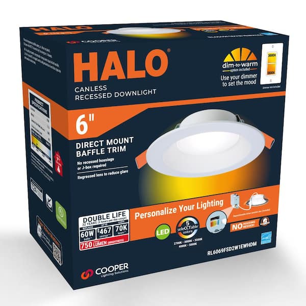 RL 6 in. Selectable CCT Direct Mount Canless Recessed LED Downlight, 600-Lumens with D2W Option, Indoor, White