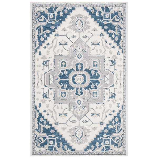 SAFAVIEH Micro-Loop Ivory/Navy 2 ft. x 3 ft. Floral Medallion Area Rug