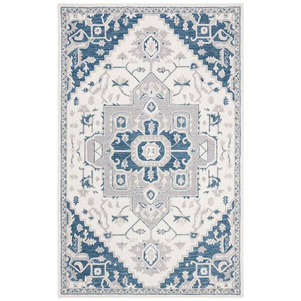 SAFAVIEH Micro-Loop Ivory/Navy 4 ft. x 6 ft. Floral Medallion Area Rug