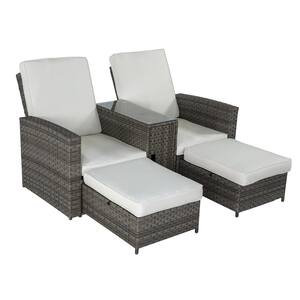5-Piece Rattan Wicker and Iron Outdoor Chaise Lounge Recliner Back Adjustable with White Cushions