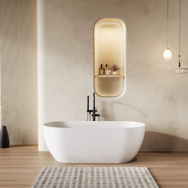 71 in. x 31.5 in. Solid Surface Freestanding Soaking Bathtub with Slim Rim, Center Drain in Matte White