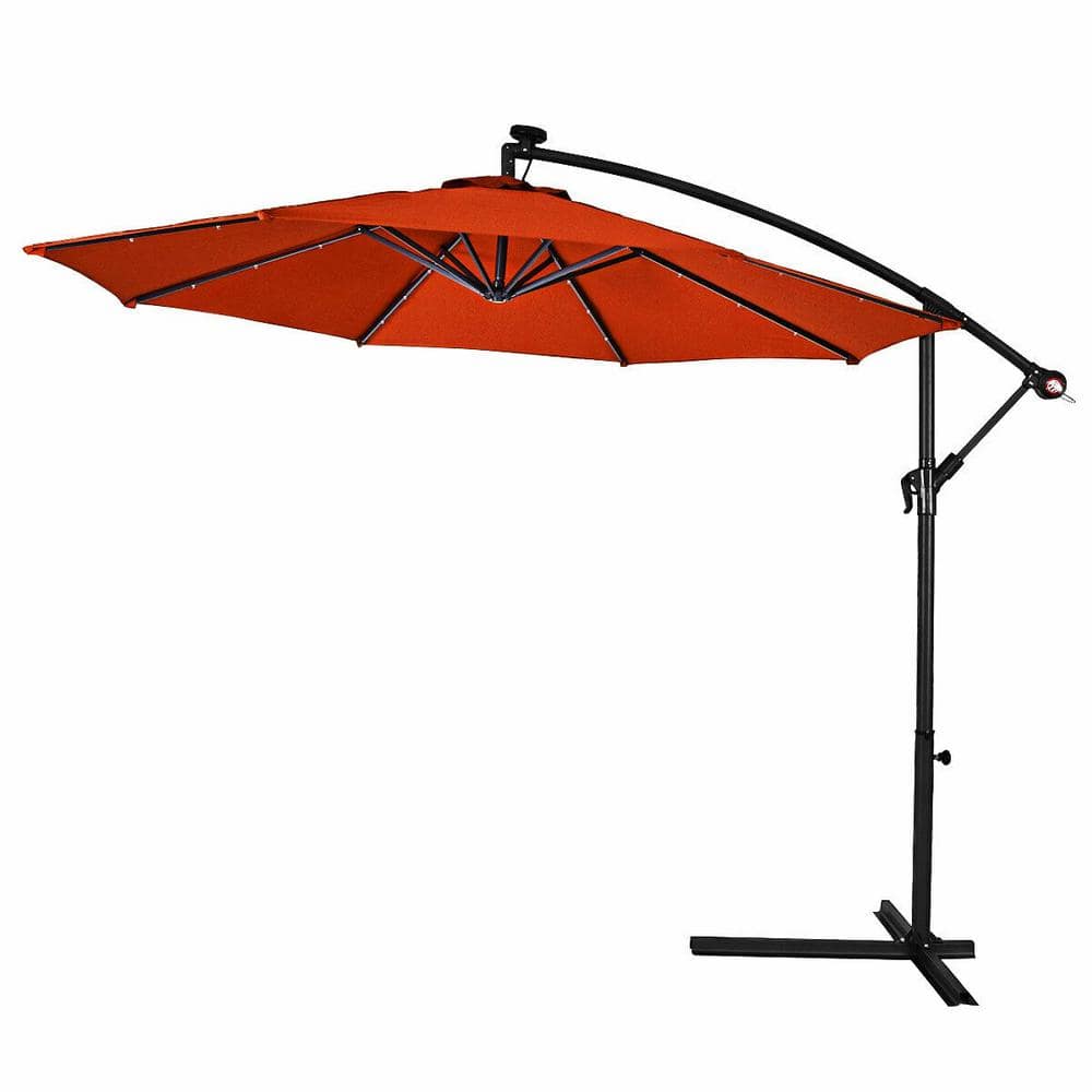 10 ft. Cantilever Hanging Solar LED Sun Shade Patio Umbrella in Orange with