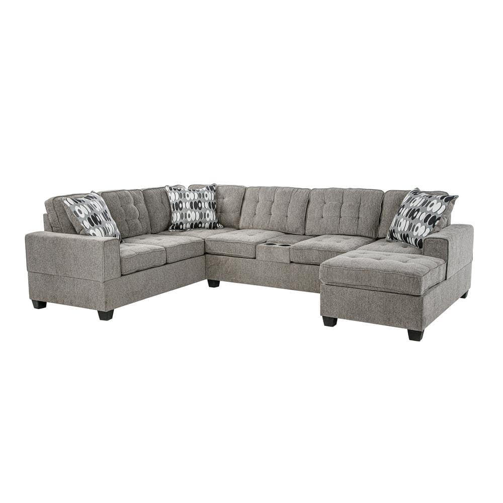 Oslo 123 in. 3-piece Chenille U-Shaped Sectional Sofa in Light Gray with Cu