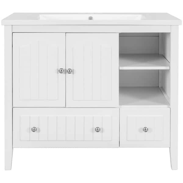 Modern 36 in. W x 18 in. D x 32 in. H Bath Vanity in White Ceramic Top with Sink and Adjustable Shelves