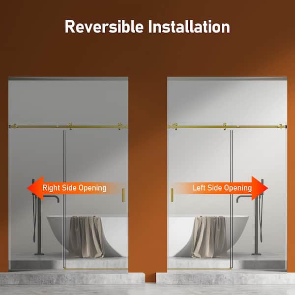 Reversible 56 to 60 in. W x 74 in. H Sliding Frameless Shower Door in Gold with Smooth Sliding and Tempered Glass