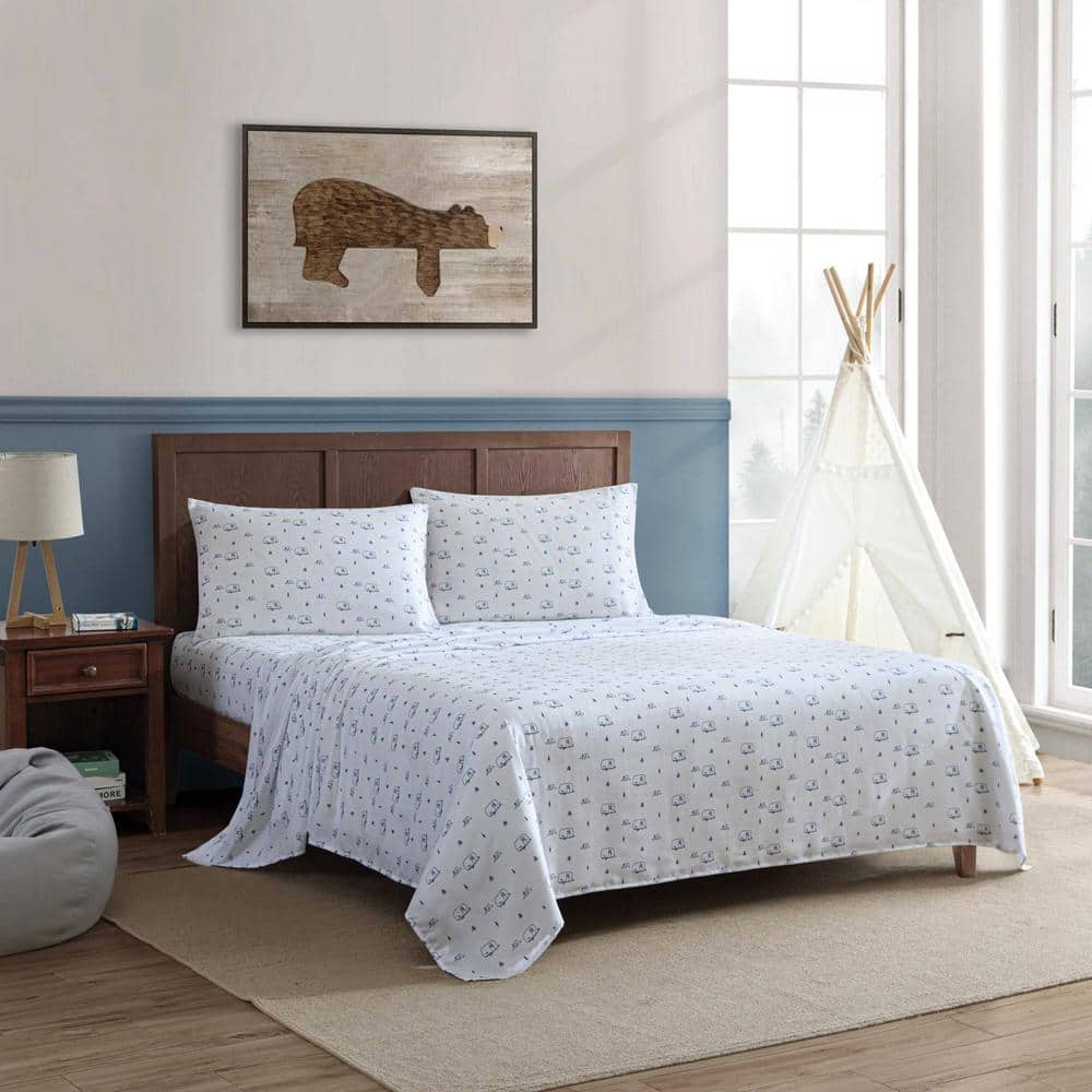 Queen Size White and Blue Polyester Microfiber Bedding Set